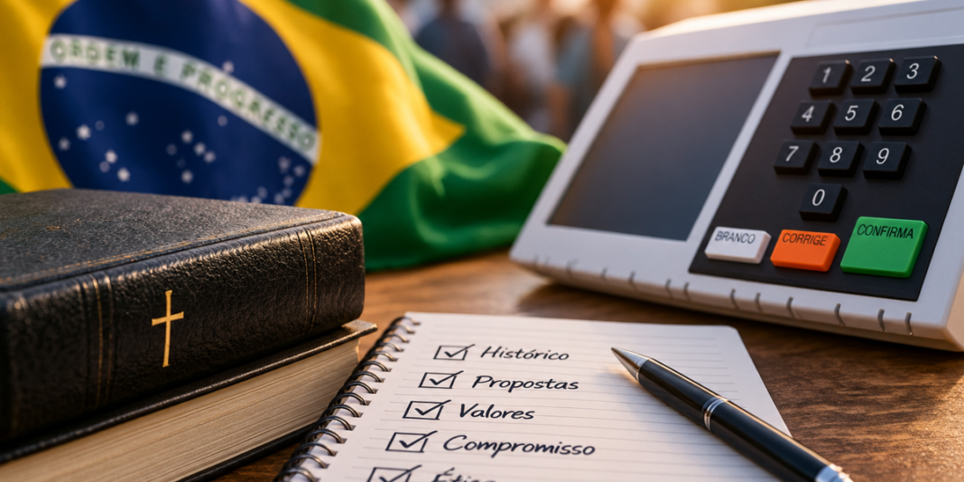 Eleitor pensativo diante de uma urna eletrônica no dia das eleições.